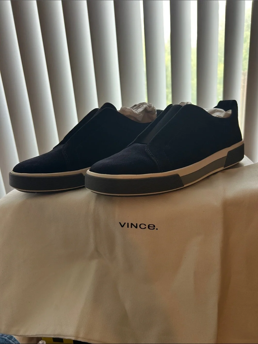 Vince Men’s Slip-On Sneakers in Navy with White Trim